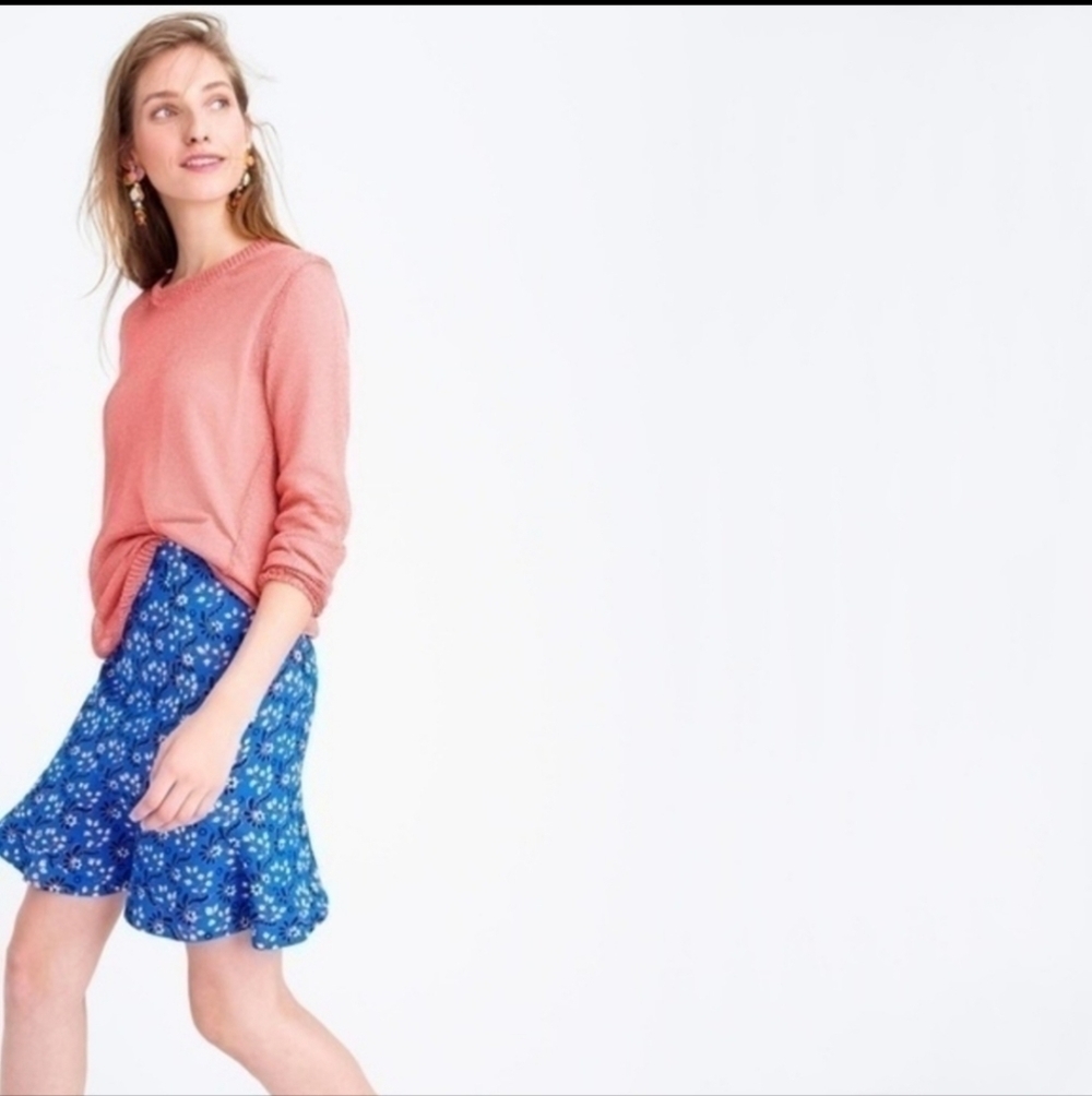 J. CREW SZ 6 blue ruffle hem floral skirt WSK46